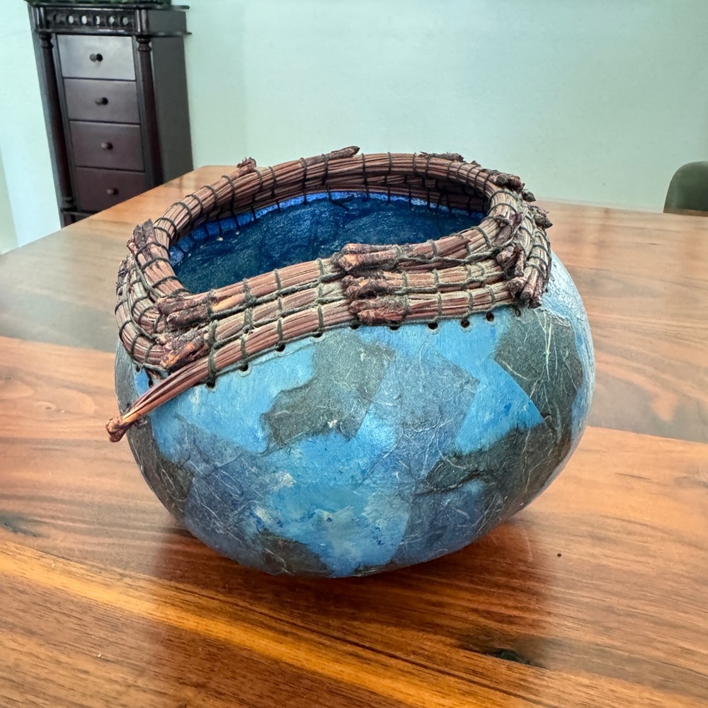 Signed Vintage Mixed Blue Handmade Gourd Bowl/ Basket Woven Top